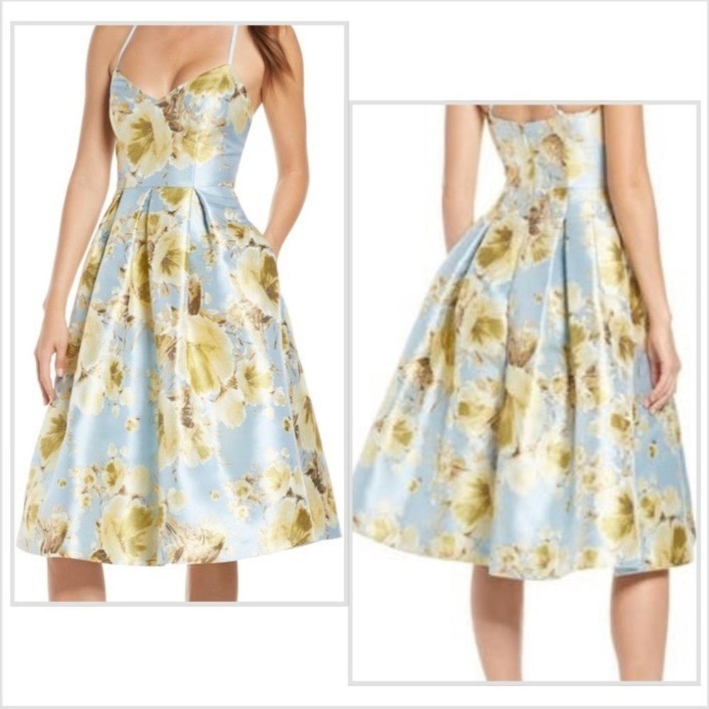 Eliza J Jacquard Brocade Floral Midi Flare Dress with Crisscross Straps - Picture 2 of 12